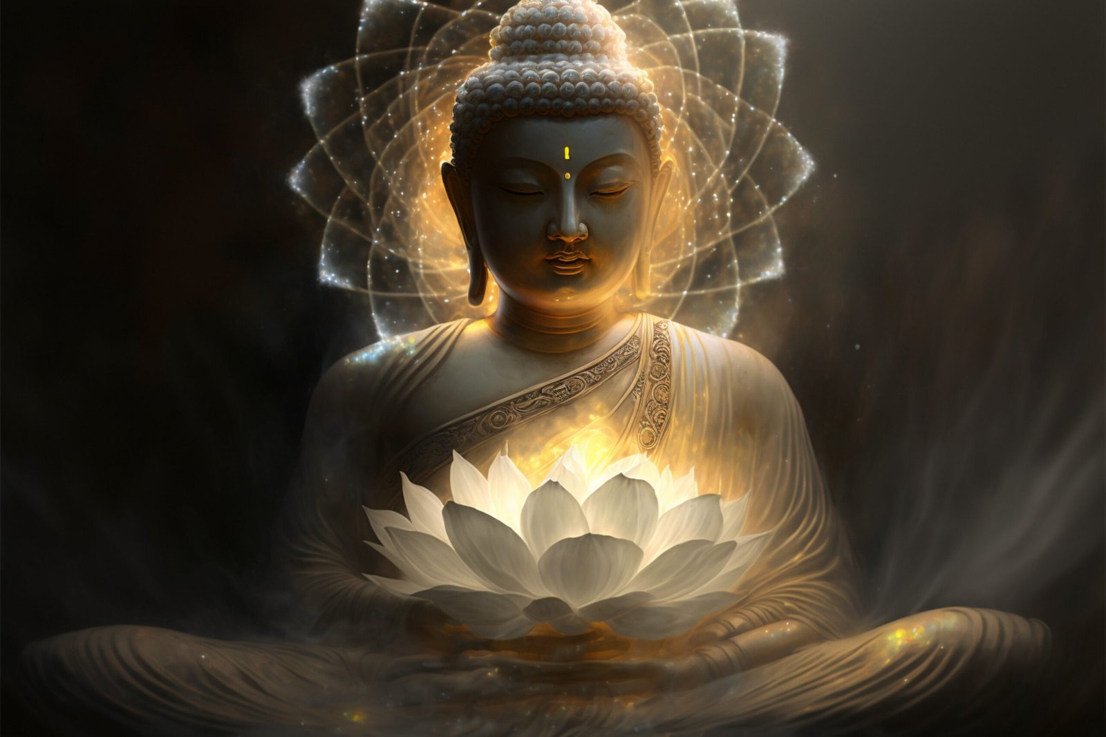 Beautiful Light Spectrum Buddha's Light Flashing, Bright Red, Yellow Lotus Flower, Burning Cloud Like Petals, Surrounded By Magic Chaos Light, White Smoke, Falling Reflected Light, Water Pattern.