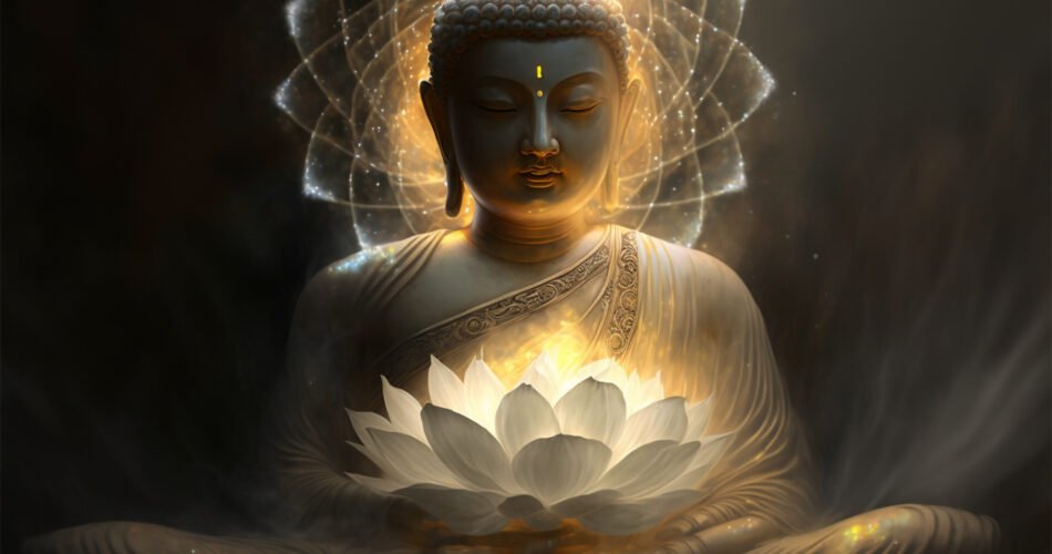 Beautiful Light Spectrum Buddha's Light Flashing, Bright Red, Yellow Lotus Flower, Burning Cloud Like Petals, Surrounded By Magic Chaos Light, White Smoke, Falling Reflected Light, Water Pattern.