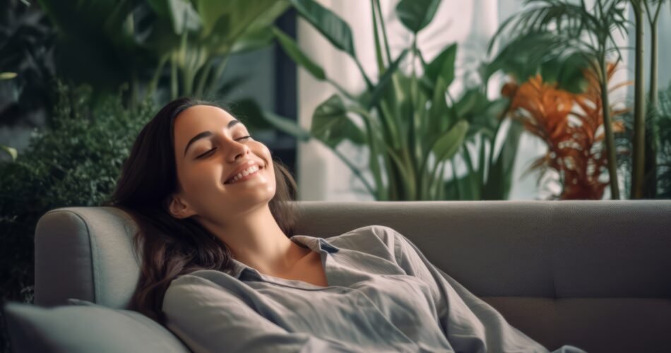 Happy Woman Relaxing Sofa Home Smiling Girl Enjoying Day Off Lying Couch