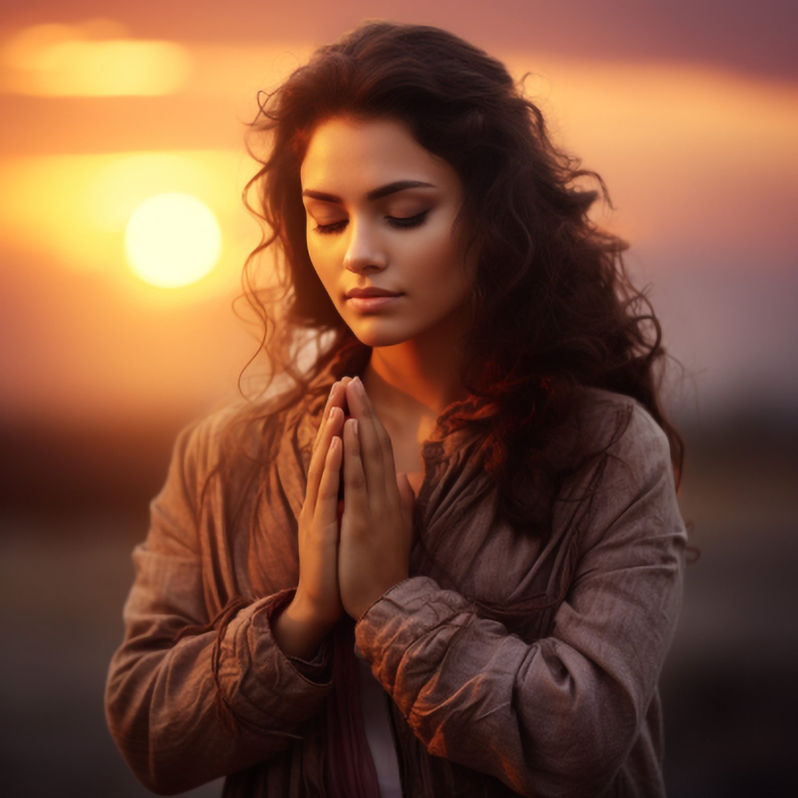 Woman Praying To God During Sunset