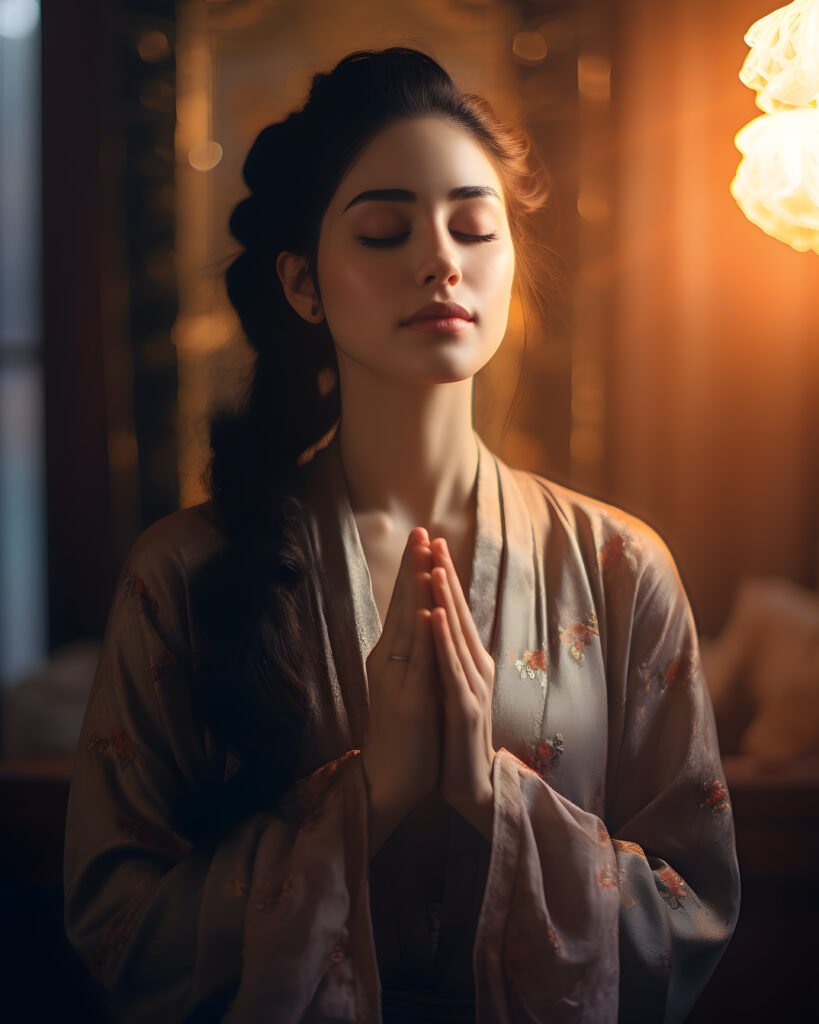 Woman Praying With Faith In God On Dark Room Background. Namaste Or Namaskar Hand Gesture.