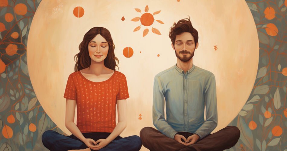 An Illustration Depicts A Couple Meditating Together, Their Eyes Closed In Peaceful Harmony, Connecting With Their Inner Selves And Finding Serenity As A United Presence. Generative Ai