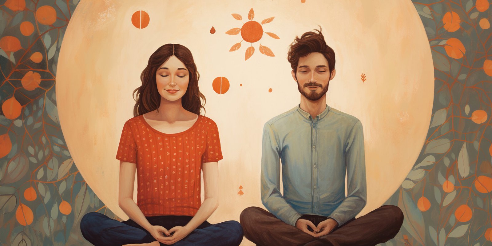 An Illustration Depicts A Couple Meditating Together, Their Eyes Closed In Peaceful Harmony, Connecting With Their Inner Selves And Finding Serenity As A United Presence. Generative Ai