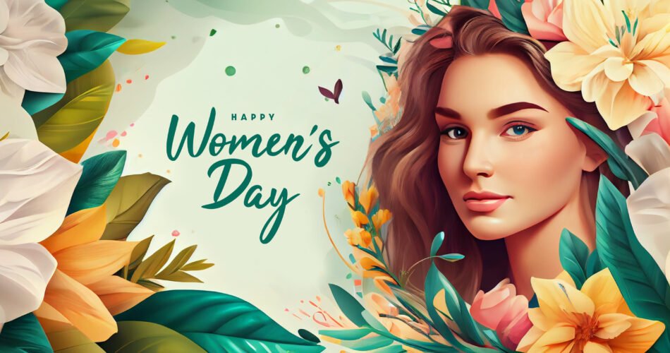Beautiful Young Woman In Flowers Illustration. International Women's Day Celebration With Copy Space. Banner Template Design. Generative Ai.