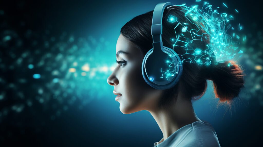 Futuristic person listening music ultra modern headphones